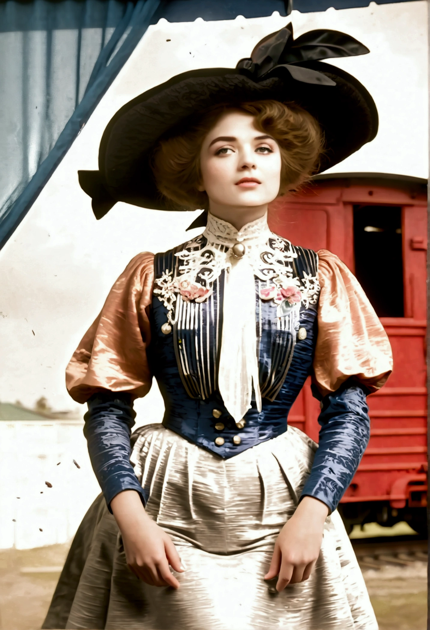 A sexy 13yo Gibson Girl (((dry-humped by a dirty 69yo gentleman inside a train car))). Year 1902. 1900_dr3ss. Pink high-collar long sleeve shirtwaist, ornate picture hat, floor-length skirt, petticoats, silk stockings, boots. Thotty demeanor. Hourglass figure. Large chest, 9in wasp waist, bubble butt. Edwardian setting.