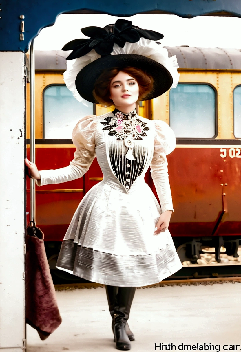 A sexy 13yo Gibson Girl (((dry-humped by a dirty 69yo gentleman inside a train car))). Year 1902. 1900_dr3ss. Pink high-collar long sleeve shirtwaist, ornate picture hat, floor-length skirt, petticoats, silk stockings, boots. Thotty demeanor. Hourglass figure. Large chest, 9in wasp waist, bubble butt. Edwardian setting.
