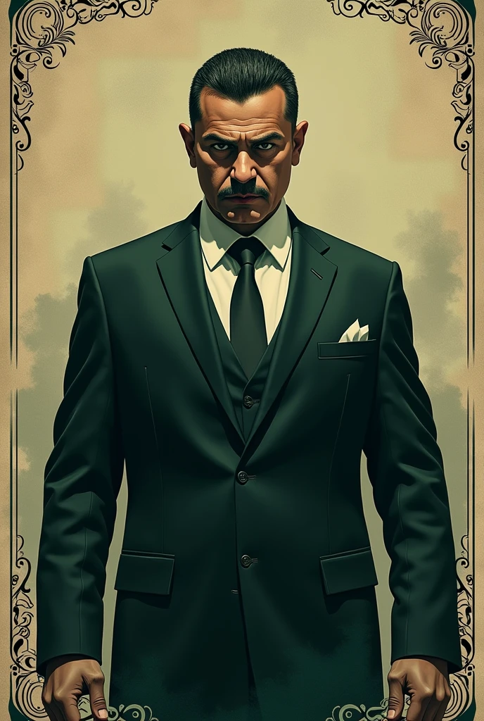 Shavkat Mirzieev president of Uzbekistan in board game mafia style with dark beige and green background