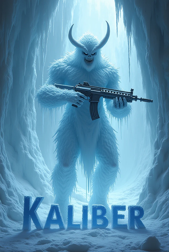 Ice demon, holding akimbo sub-machine guns, ice cave background, with the word kaliber under it in icy letters, hyper realism, logo.