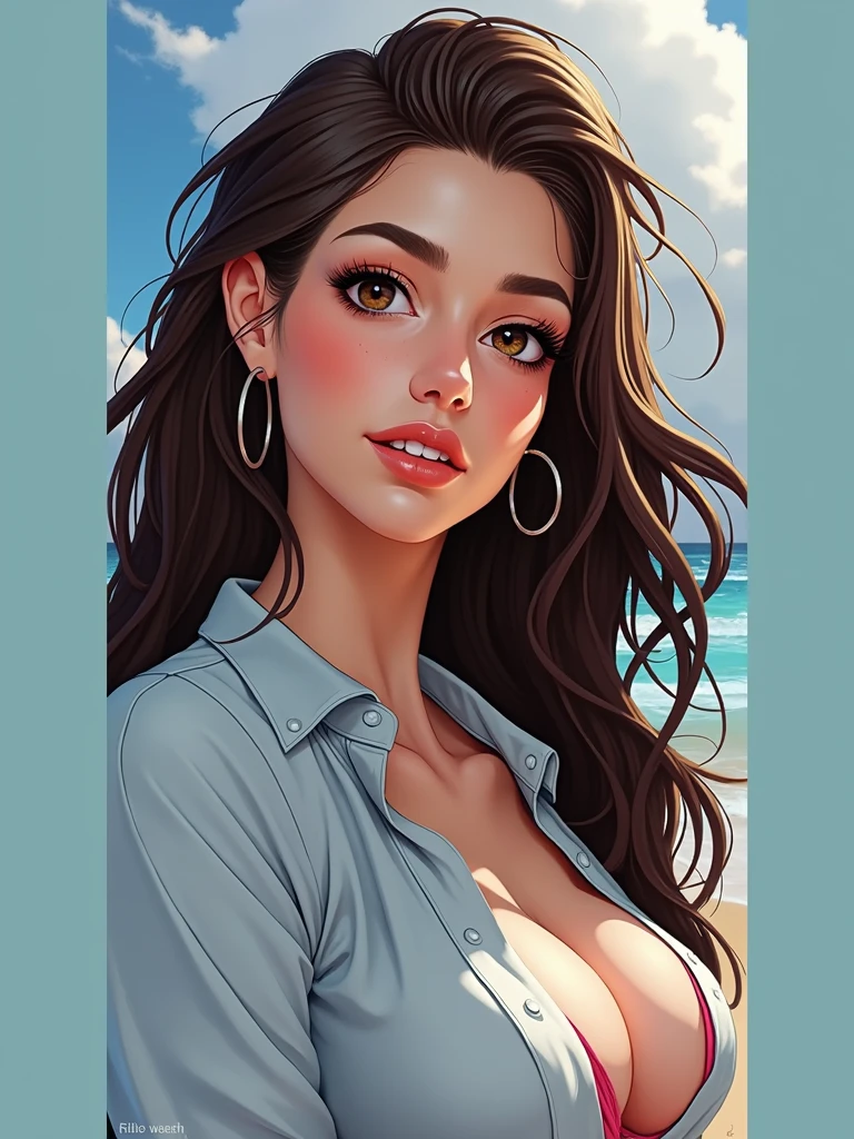 woman with a beautiful body in a bikini, background r
On a beach, wavy frizzy hair
