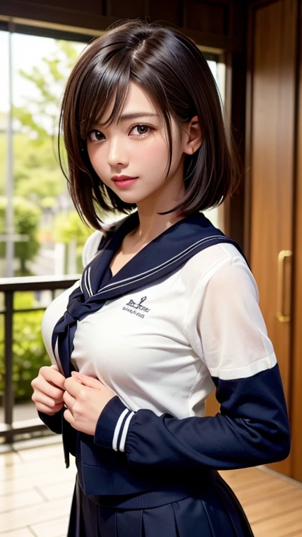 girl1people々 , , ,smile, eyes are brown, table top, highest quality,(get used to it),(naked),school zone, blurred background、Navel exposure , (服を脱ぐとchest comes out)、(((Uniform with visible breasts)))、(chest comes out),(nipple)、(areola)、(Half-dressed sailor suit) 、on the way to school, (thin:1),Japanese, small breasts, sexual, the wind is blowing, bright sunlight、Big eyes、twin tails、short hair、挑発するsmile、Evil smile,