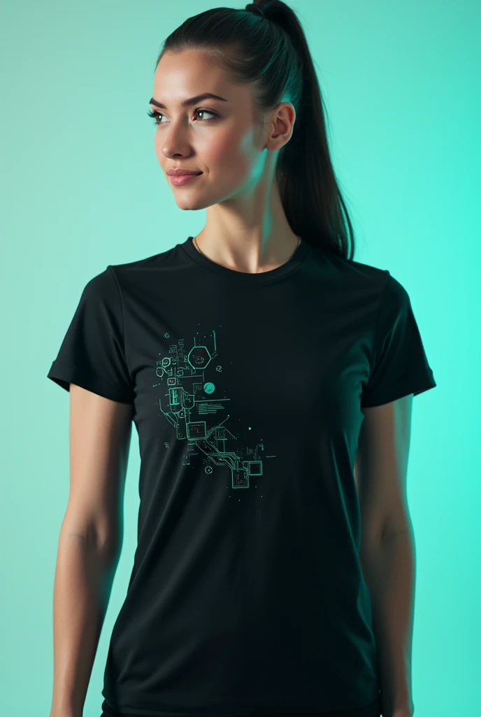 Black and turquoise t-shirt with small designs of systems and software on the front