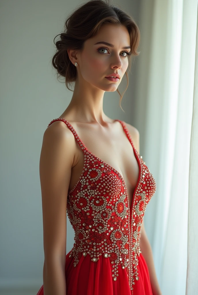 European woman model with hairstyle wearing long dress with colorful rhinestones. show the whole body.