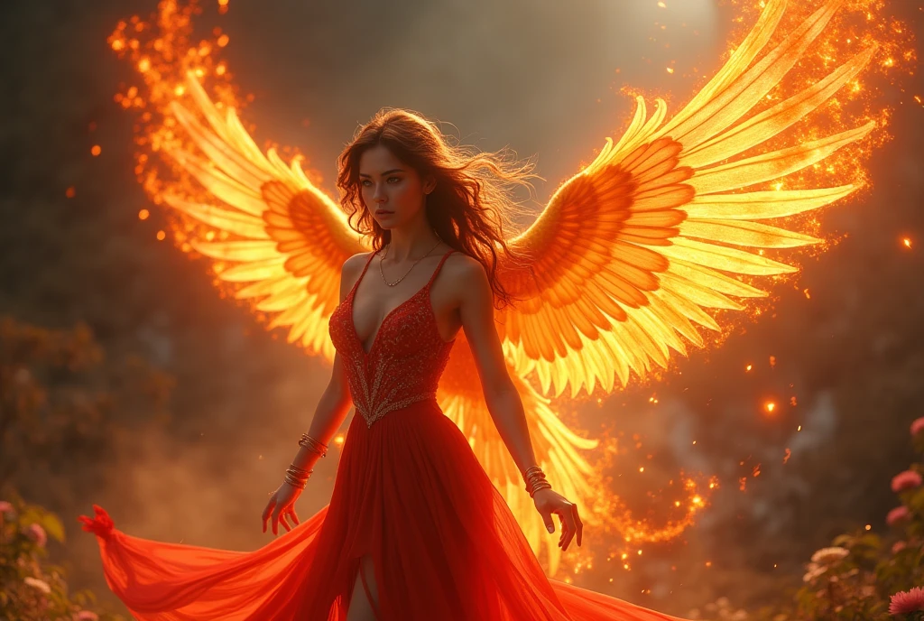((A small phoenix full of vitality is summoned.))、(A beautiful and sensual female summoner)、Beautiful Eyes、Beautiful and well-proportioned face、、(Sensual and revealing dress:1.2)、(Eye-catching super big breasts:1.47)、Fascinating super big ass、(Sexy and acrobatic summoning pose)、Correct fingers、((Summon the Fiery Phoenix))、Summoning Magic Circle、Exquisitely drawn wings of fire、dramatic scene、Magnificent fantasy landscapes、Cinematic lighting、Digital Art、Concept Art Style、magical realism、(Highest quality、8k、High resolution、masterpiece:1.2)、Ultra-Details、(Real、Photorealistic、Photo-Realistic:1.37)、HDR、Very detailed explanation、Vivid colors、View your viewers、A confident smile、wilderness