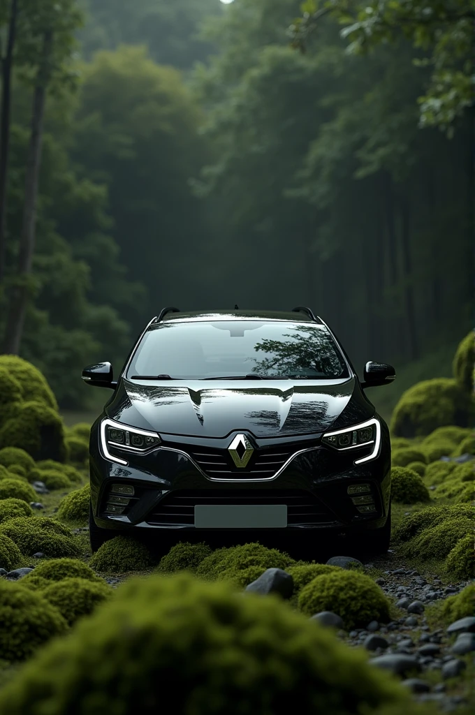 Create a moss green background with the photo slightly darkened and a black Renault Clio on it