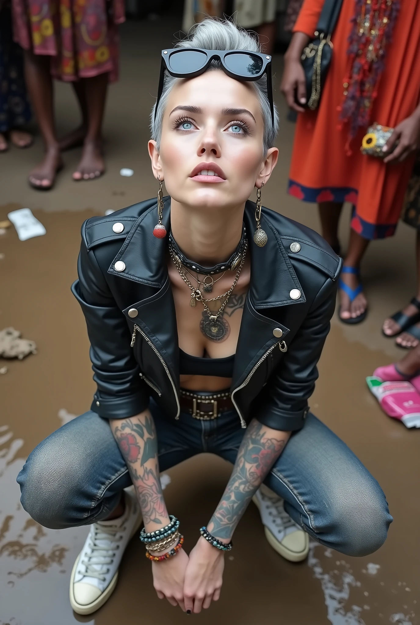 Anglosaxon old milf woman, , blonde platinum hair (pouf, shaved sides and top bun), with very light green eyes, extremely pale. .Wearing oversized square black maxisunglasses as headband. Wearing studded cropped black moto jacket (verical zippers on the sides,skull badges on sleeves). Black lace push up bra, skinny blue jeans with worn and dirty knees. White tennis sneakers, dirty. Lots of thick wide studded bracelets, chain collars and big rings. Tacky wide studded leather belt, with big round buckle. Long earrings with chains. Squatting, looking at the photographer. Craving heavily. Hands on knees. Waste and trash all over the floor. Her studded leather bag, thron away. Looking at the camera, chin up. Toned abdominals, thin neck, slim legs and thin arms. Neck, chest and belly completely tattoed. Dirt road of Nairobi after the rain, puddles on the ground,crowded with muscular shirtless men in jeans, street full of puddles and garbage. Her studded black leather bag is a few metres behind her. Sunny day