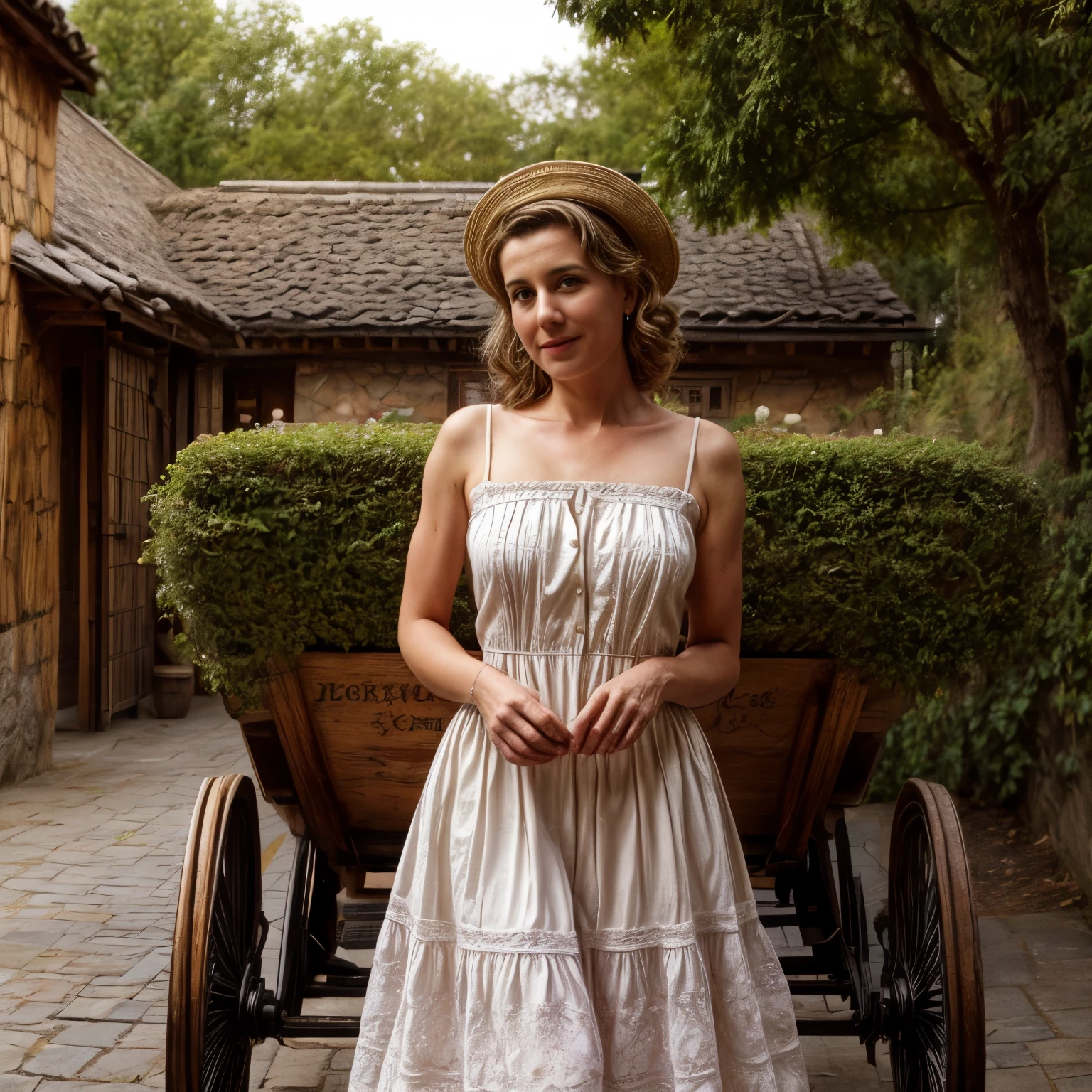 **Portrait of a pale, young, skinny, seductive woman in a good mood, standing confidently with a vintage rockabilly pin-up style. She wears a 1820s French countryside dress with intricate floral patterns, a fitted bodice with delicate lace trimmings, and a voluminous skirt with a slight crinoline, giving her an elegant silhouette. Her golden curls are styled in an intricate updo, complemented by a lace bonnet. Her makeup is classic with rosy cheeks and a subtle smile.** **Location: A quaint French village in the 1820s, with cobblestone streets and charming, rustic architecture. The background includes a traditional French farmhouse with ivy-clad walls, flower boxes under the windows, and a thatched roof. The sun casts a warm glow, creating soft shadows and highlighting the picturesque landscape. There are wooden carts with fresh produce, a vintage horse-drawn carriage, and rustic benches scattered around. The air is filled with the scent of blooming flowers and fresh bread from a nearby bakery.** **Objects and Items: A vintage horse-drawn carriage, wooden market carts with vegetables and fruits, flower-filled window boxes, thatched roof, ivy-covered walls, rustic wooden benches, cobblestone streets, antique wrought-iron street lamps, small village bakery with fresh bread, woven baskets, barrels of fresh produce, traditional French wooden shutters, blooming flower gardens, old-fashioned well, vintage street signs, traditional French stone houses, classic wooden fences, wrought-iron gates, dusty old books, vintage cooking pots, ceramic jugs, and decorative wrought-iron railings.**