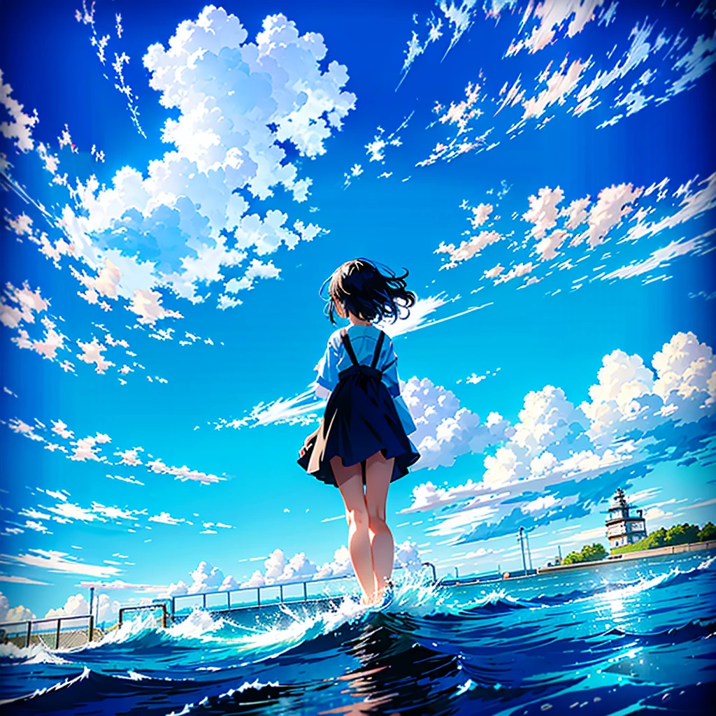 a extreme detailed photo of stunningly-beautiful deep blue summer sky scene, nostalgic scene of a captivating girl(2023 anime style) frolicking with her friends, childhood memory::0.5, at water playground, massive summer clouds, the sky with an HDR and detailed gradient from turquoise to blue to black, a professional photographer took the scene with DSLR and wide-angled lens, dramatic --ar 3:2