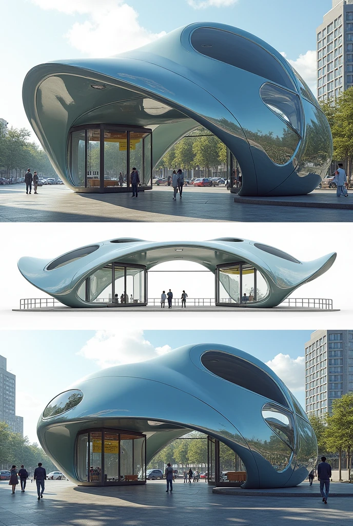 Please design a bus stop in the shape of a stingray, that it is circular with many windows and doors with access to a ramp and railing and that it is a little large


