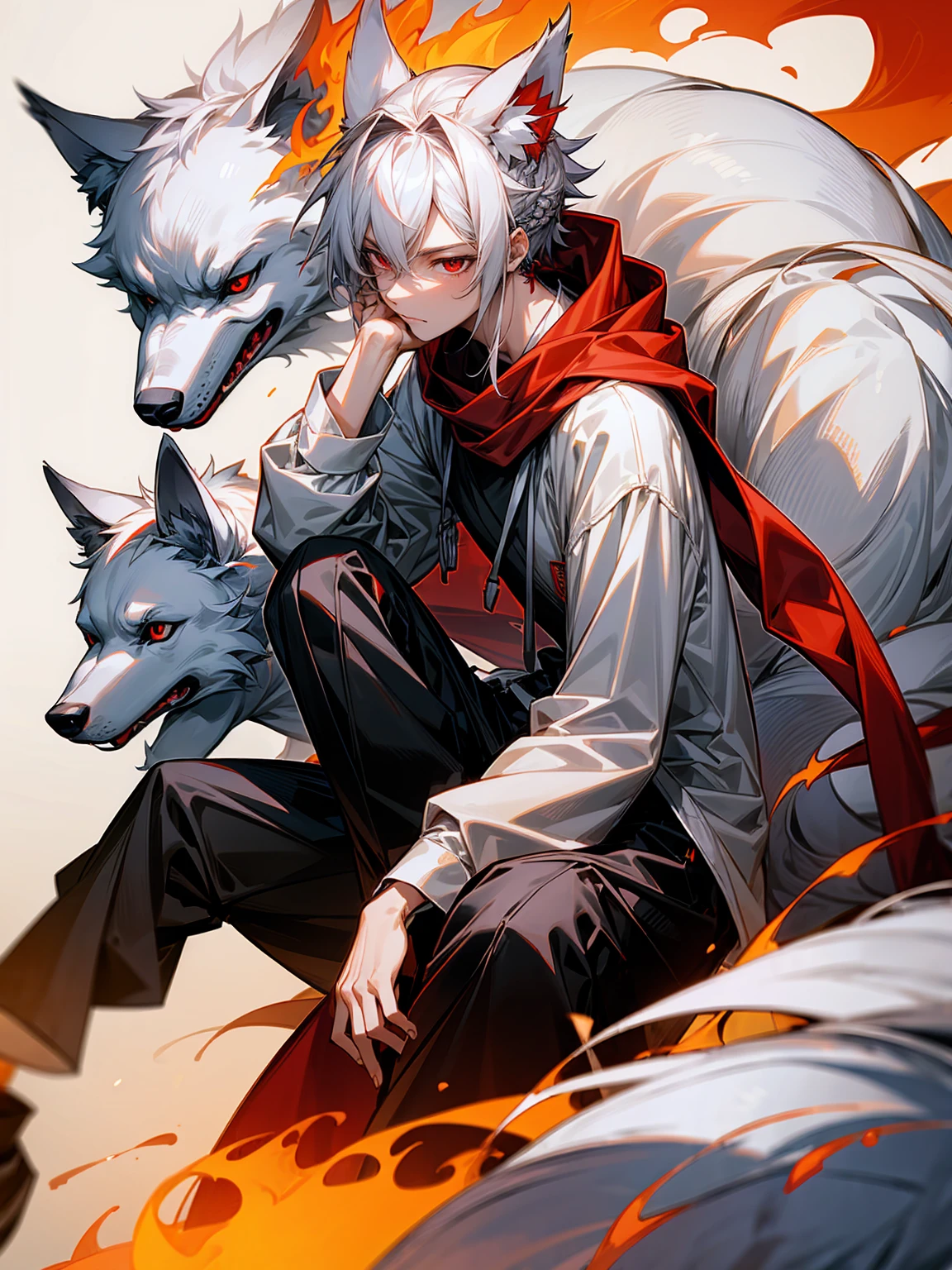 1male, Adult, Long White Hair, White Baggy Long Sleeve Shirt, Baggy Black Pants, Red Eyes, Red Scarf, Earring, Masculine, Dog Ears, Surrounded By Flames, Wolf, Single Hair Braid, Sitting, Flaming Ears