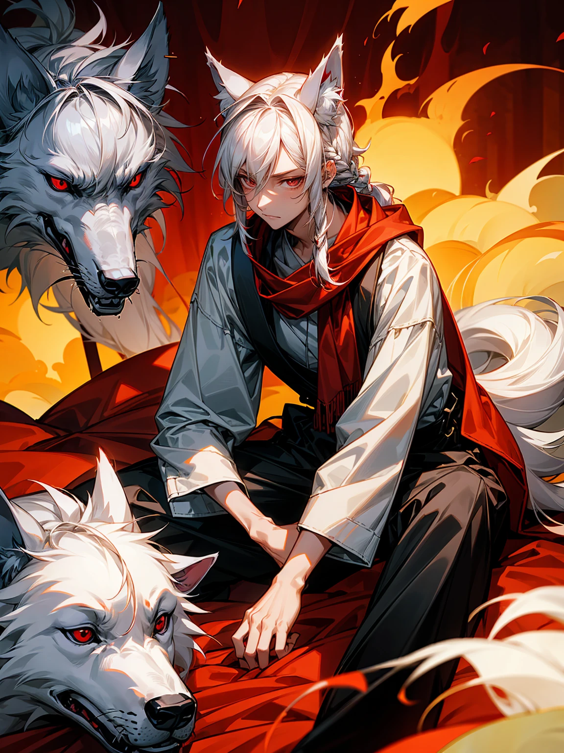 1male, Adult, Long White Hair, White Baggy Long Sleeve Shirt, Baggy Black Pants, Red Eyes, Red Scarf, Earring, Masculine, Dog Ears, Surrounded By Flames, Wolf, Single Hair Braid, Sitting, Flaming Ears