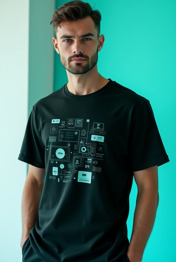 Black and turquoise t-shirt with small designs of systems and software on the front