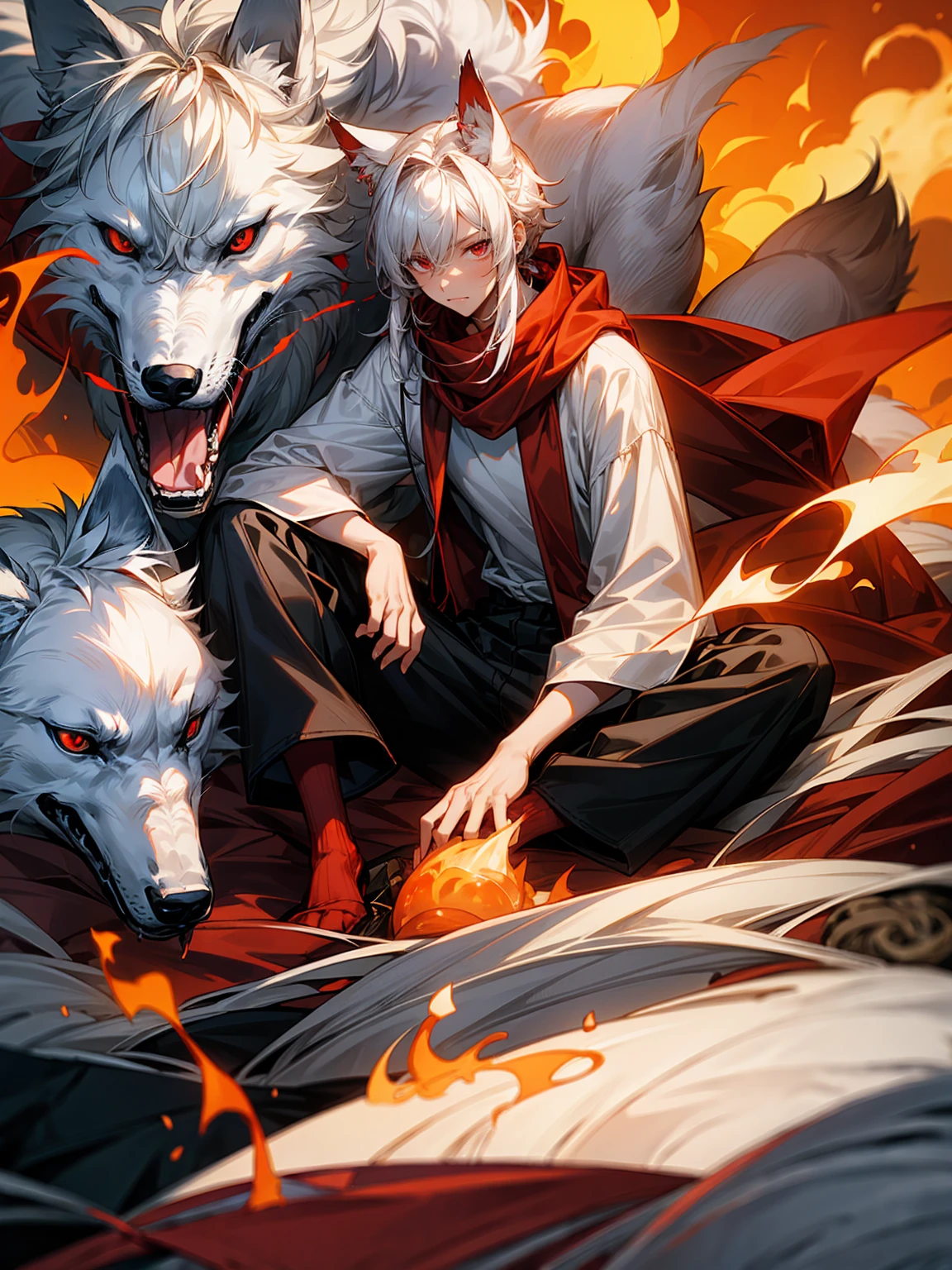 1male, Adult, Long White Hair, White Baggy Long Sleeve Shirt, Baggy Black Pants, Red Eyes, Red Scarf, Earring, Masculine, Dog Ears, Surrounded By Flames, Wolf, Single Hair Braid, Sitting, Flaming Ears