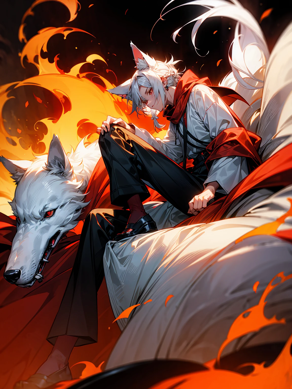 1male, Adult, Long White Hair, White Baggy Long Sleeve Shirt, Baggy Black Pants, Red Eyes, Red Scarf, Earring, Masculine, Dog Ears, Surrounded By Flames, Wolf, Single Hair Braid, Sitting, Flaming Ears