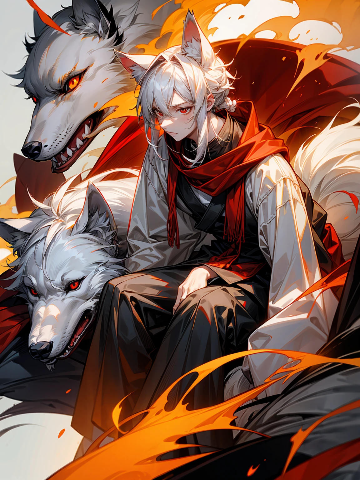 1male, Adult, Long White Hair, White Baggy Long Sleeve Shirt, Baggy Black Pants, Red Eyes, Red Scarf, Earring, Masculine, Dog Ears, Surrounded By Flames, Wolf, Single Hair Braid, Sitting, Flaming Ears