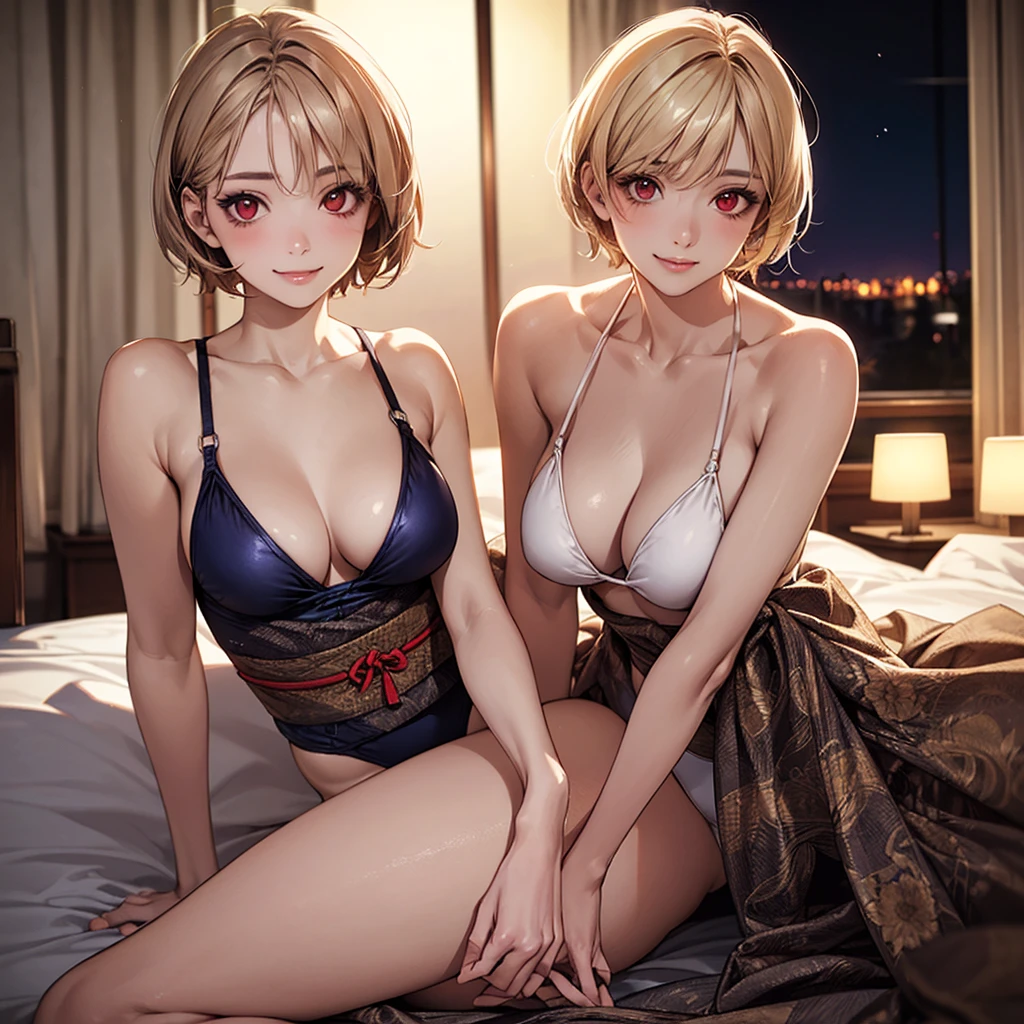 (masterpiece:1.2, Highest quality), (Realistic, photoRealistic:1.4), Beautiful illustrations, (Natural Side Lighting, Cinema Lighting),
View your audience, Upper Body, (Front view), 1 person, Japanese, high school girl, Perfect Face, Glowing Skin, Baby Face,
(short hair:1.5, Pixie Cut:1.4, blonde), Pin your bangs in place, Red eyes, Long eyelashes, (Large Breasts:0.6),
Beautiful Hair, Beautiful Face, Beautiful attention to detail, Beautiful clavicle, Beautiful body, Beautiful breasts, Beautiful thighs, Beautiful legs, Beautiful fingers,
(Swimwear),
(Beautiful views), night,Hotel Rooms, Spread your legs, (Cute Smile, Upward glance), Background Blur,