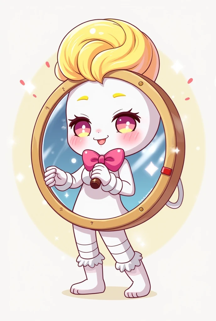 Glisten is a circular mirror with a golden border and body. His border swirls at the top of his head, giving the appearance of hair and has pink blush underneath his eyes. He has a pink bow behind him that is tied around his chest. He wears white leg warmers and can be seen holding a microphone
