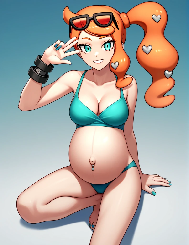 score_9, score_7_up BREAK solo,EPpkSonia,orange hair, side ponytail, aqua eyes, long hair, eyewear on head, sunglasses, heart hair ornament,
high-quality, ultra-detailed, beast quality, 8K resolution, anime style,
pregnant , big belly, Belly button piercing, cleavage, bracelet, collarbone, blue panties, nail polish, aqua nails, aqua toenails, Smiling,