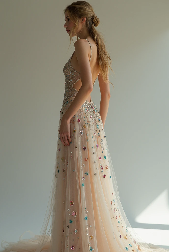 European woman model with hairstyle wearing long dress with colorful rhinestones. Show the model&#39;s entire body. 