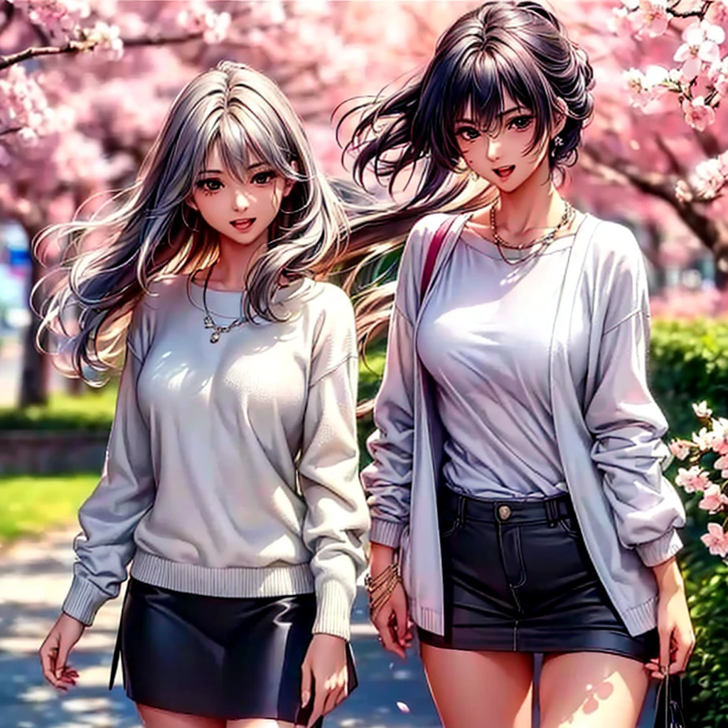 (top quality picture、masterpiece level、very high res、An ultra-high picture quality、High quality pixels)、(1girl in,She is a very beautiful woman、and she is 20 years old、1 person、Single、Beautiful beauties,Beautiful face written in detail,Beautiful body,Strong-willed eyes,beautidful eyes,Beautiful hair,Beautiful skin texture,Beautiful hair quality)、(Slender body and beautiful breasts)、(Lovely smile,Open mouth)、(wearing sweater,1 diamond necklace,wearing miniskirt,Wearing clothes that expose the shoulders,Beautiful legs are visible,adult lady),(A path lined with flourishing cherry blossom trees,The wind is blowing,Styling hair by hand,wind influenced hair),(Beautiful Art Style,an animated character、The whole picture、Detailed picture、accurate anatomy、Defect-free images、extremely detailed picture、Accurate images、image perfect)、(Best Shot Photo 1.2)