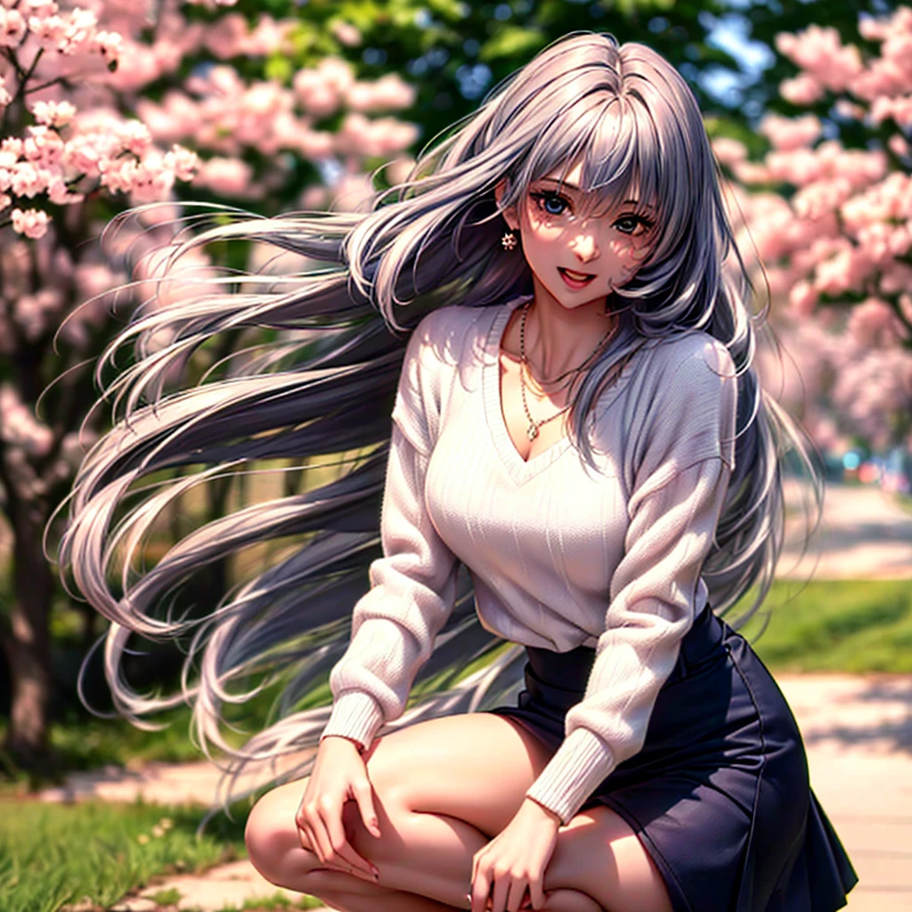 (top quality picture、masterpiece level、very high res、An ultra-high picture quality、High quality pixels)、(1girl in,She is a very beautiful woman、and she is 20 years old、1 person、Single、Beautiful beauties,Beautiful face written in detail,Beautiful body,Strong-willed eyes,beautidful eyes,Beautiful hair,Beautiful skin texture,Beautiful hair quality)、(Slender body and beautiful breasts)、(Lovely smile,Open mouth)、(wearing sweater,1 diamond necklace,wearing miniskirt,Wearing clothes that expose the shoulders,Beautiful legs are visible,adult lady),(A path lined with flourishing cherry blossom trees,The wind is blowing,Styling hair by hand,wind influenced hair),(Beautiful Art Style,an animated character、The whole picture、Detailed picture、accurate anatomy、Defect-free images、extremely detailed picture、Accurate images、image perfect)、(Best Shot Photo 1.2)