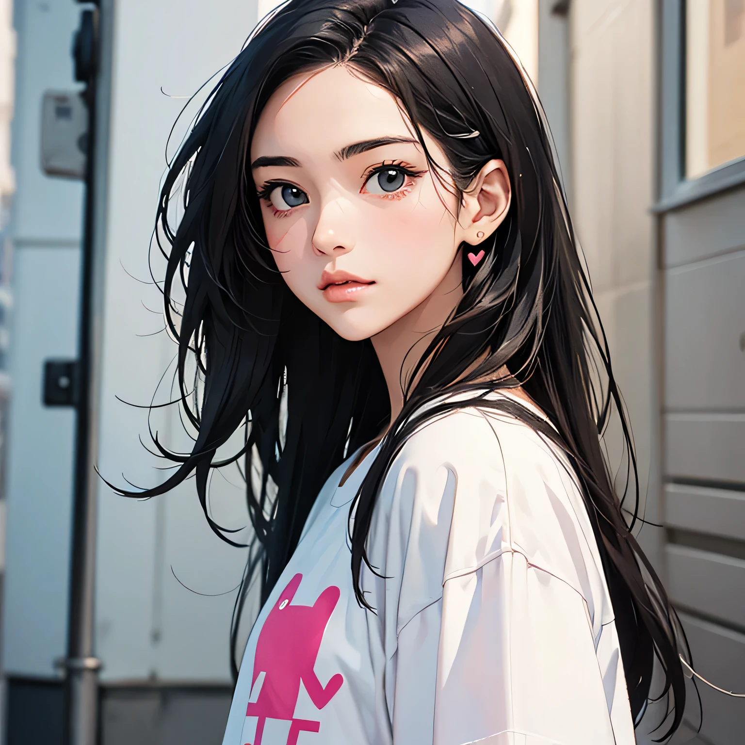 Keith Haring colorful style, Simple Line Initialism，Abstract art，(((The most beautiful girl of all time))), Sweet face. Lips in love, colorful hearts, stylish design, 夏のオシャレなTシャツ, 黒い瞳, walking, Paris