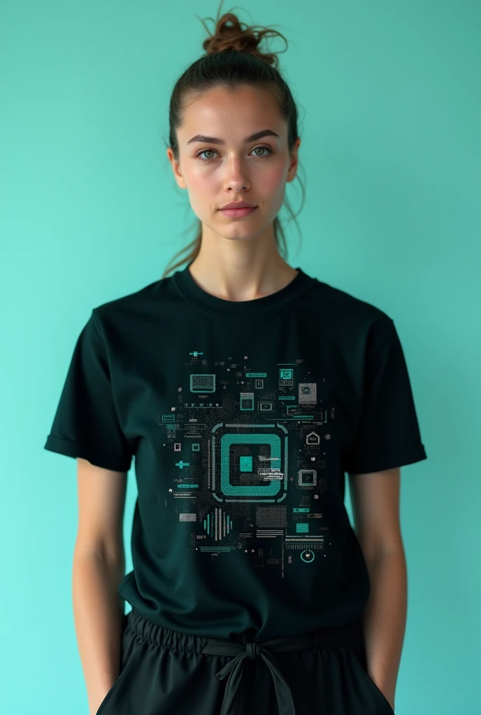 Black and turquoise t-shirt with small designs of systems and software on the front


