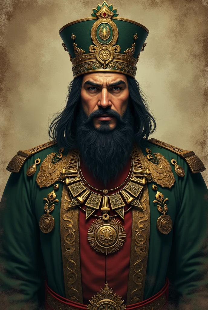 Amir Temur president of Uzbekistan in board game mafia style with dark beige and green background