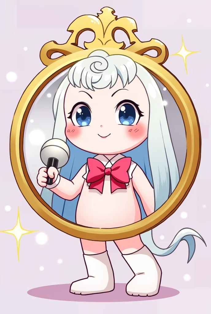 Glisten is a circular mirror with a golden border and body. His border swirls at the top of his head, giving the appearance of hair and has pink blush underneath his eyes. He has a pink bow behind him that is tied around his chest. He wears white leg warmers and can be seen holding a microphone