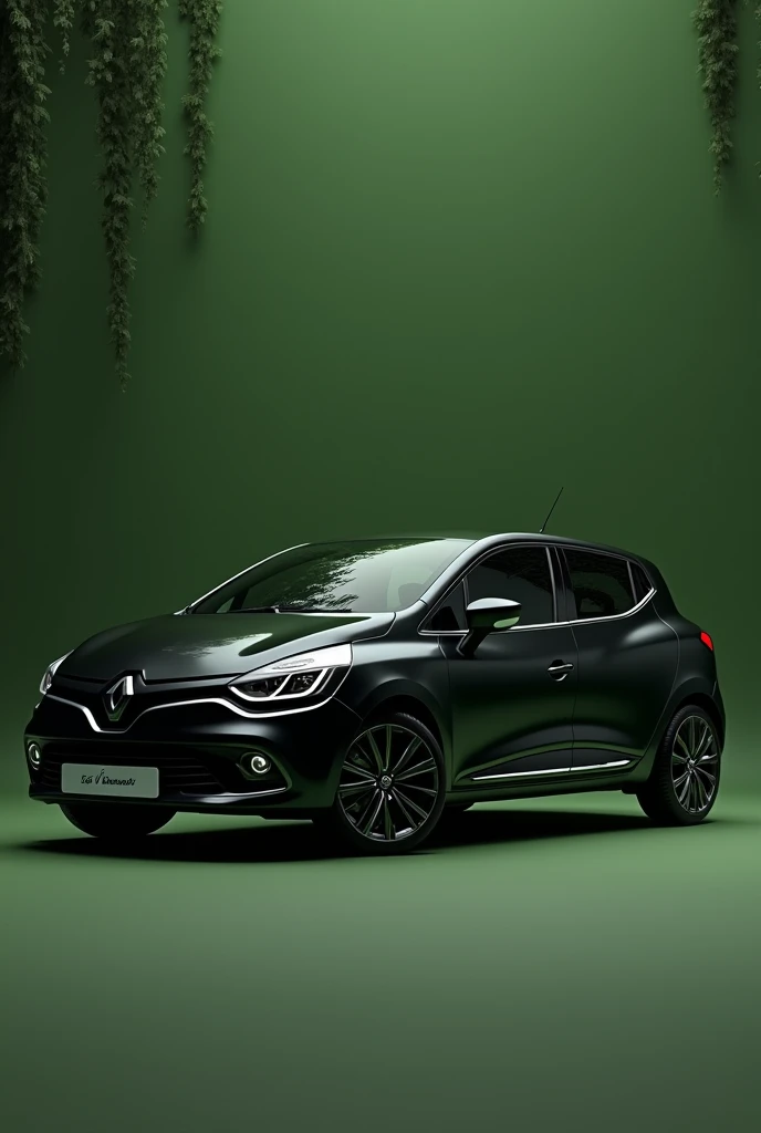 Create a moss green background with the photo slightly darkened and a black Renault Clio 2010 on it