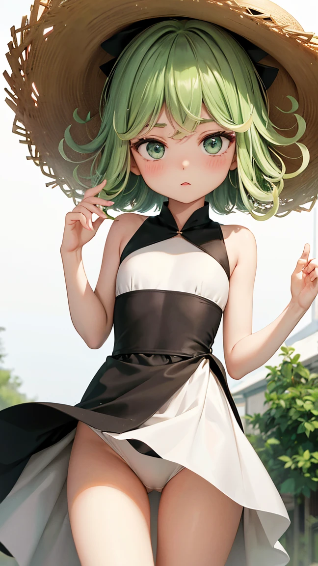 tatsumaki、One Woman、Green Hair、Medium Hair、Hair is curly、Small waist、Thin legs、blush、White dress、Straw hat