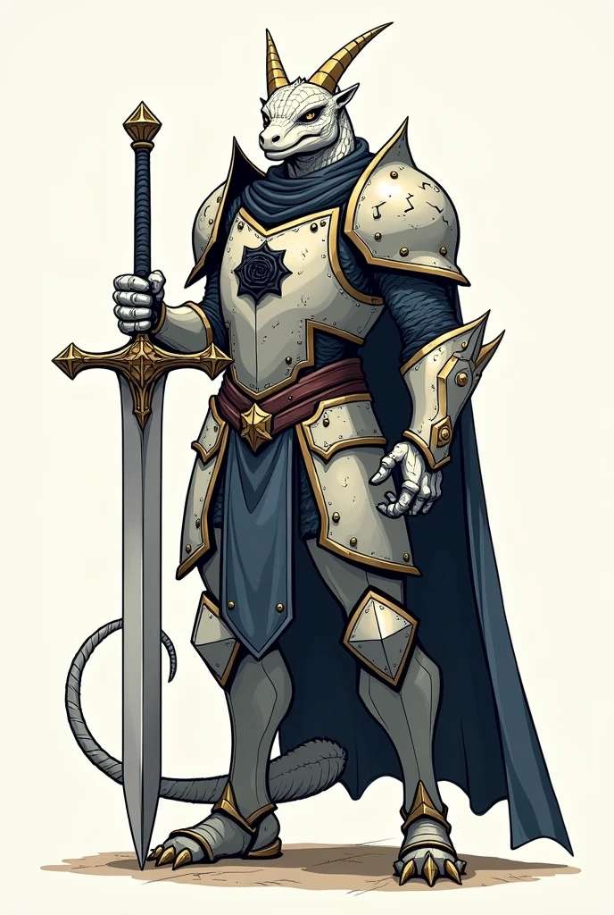 Create a Draconato with white scales covering his body and small, backward-curved horns. Ensure he is wearing a full suit of heavy armor that covers his entire body, with a distinct black rose symbol on the left side of his chest. He wields a double-bladed sword with a blade on each end and a central grip, similar to a lightsaber but designed as a sword. The design should avoid any deviations like a crocodile tail or incorrect skin color. The art should use bold outlines and flat colors typical of traditional comic books. The background should be plain to emphasize the character's detailed armor and weapon.