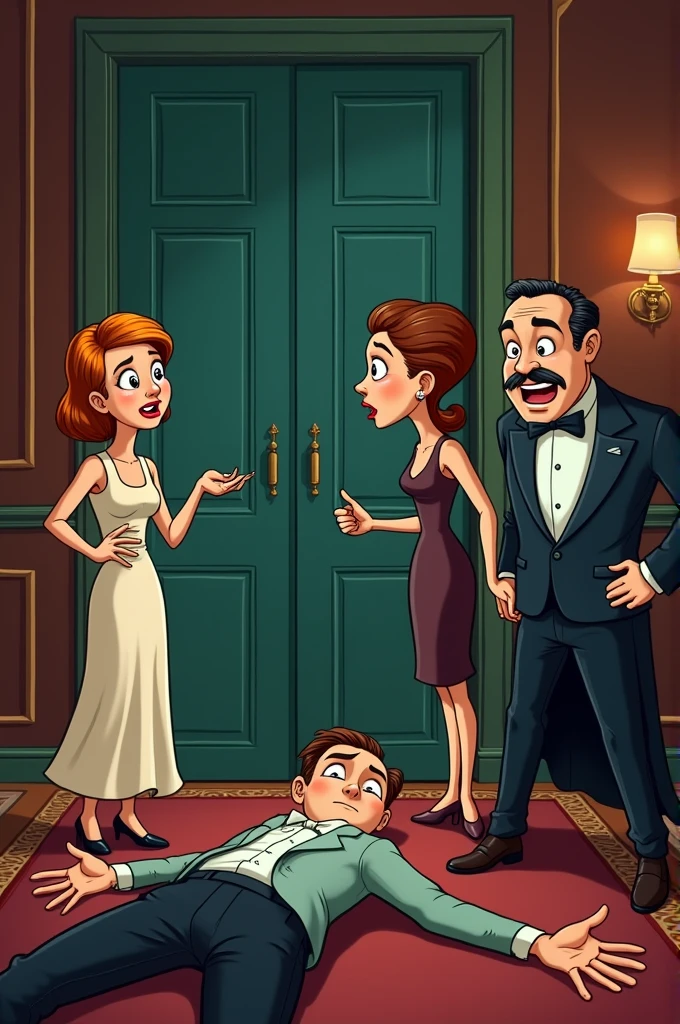  gardener a cleaning lady a very elegant butler an elegant woman and a dead man with his eyes closed lying on the floor of the living room in his mansion everyone fighting and looking scared and everyone next to the body images of cartoon characters 
