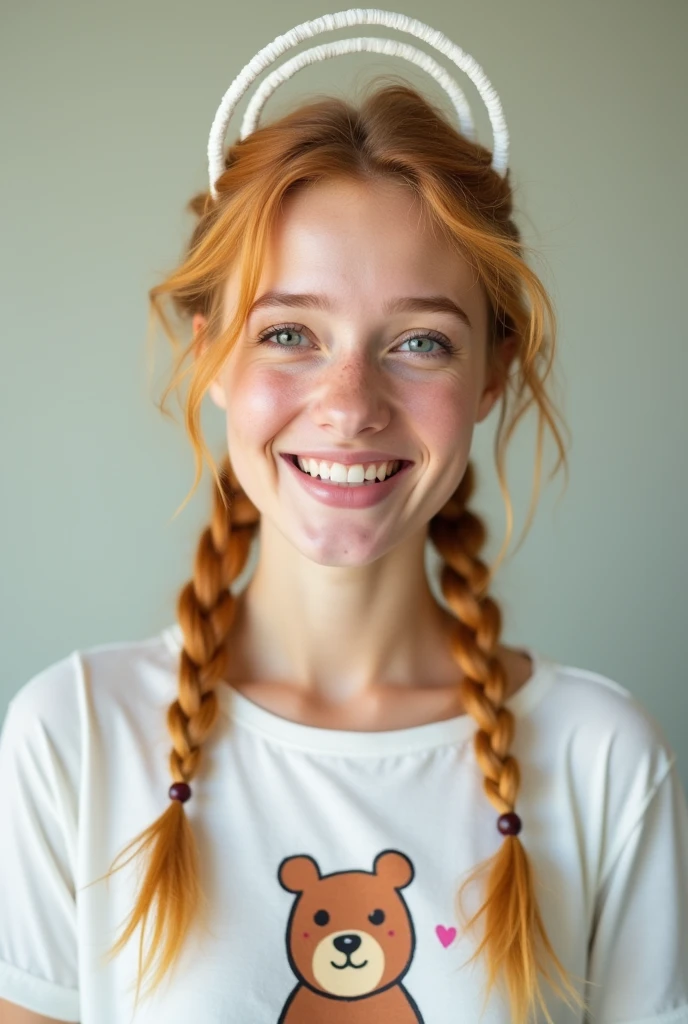 Create a photo of a smiling female character with blonde hair with two braids back and white arch  on her head, with a white top and a brown bear drawn on it. 