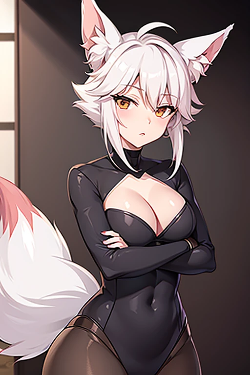 Fox-tailed zorro waifu, pirate clothing , HD, pelo blanco con rosa, busto grande, 