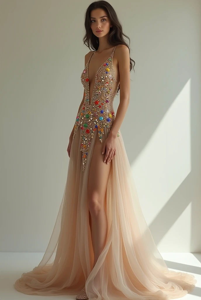 European woman model with hairstyle wearing long dress with colorful rhinestones. Show the model&#39;s entire body. 
