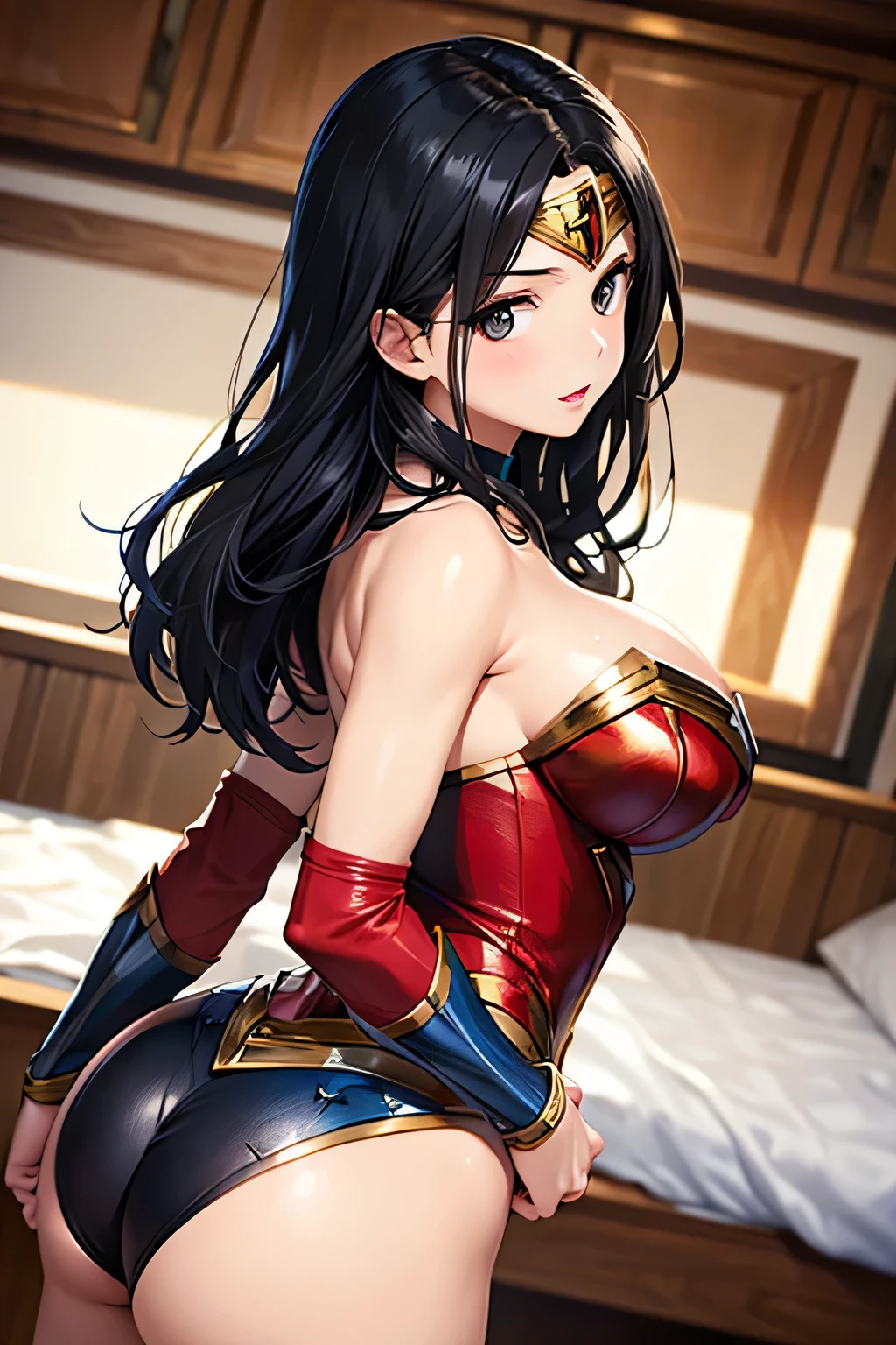 Adult women、Black Hair、Black eyes、Long Hair、Big Breasts、Big Butt、Wonder Woman's Leotard、In town