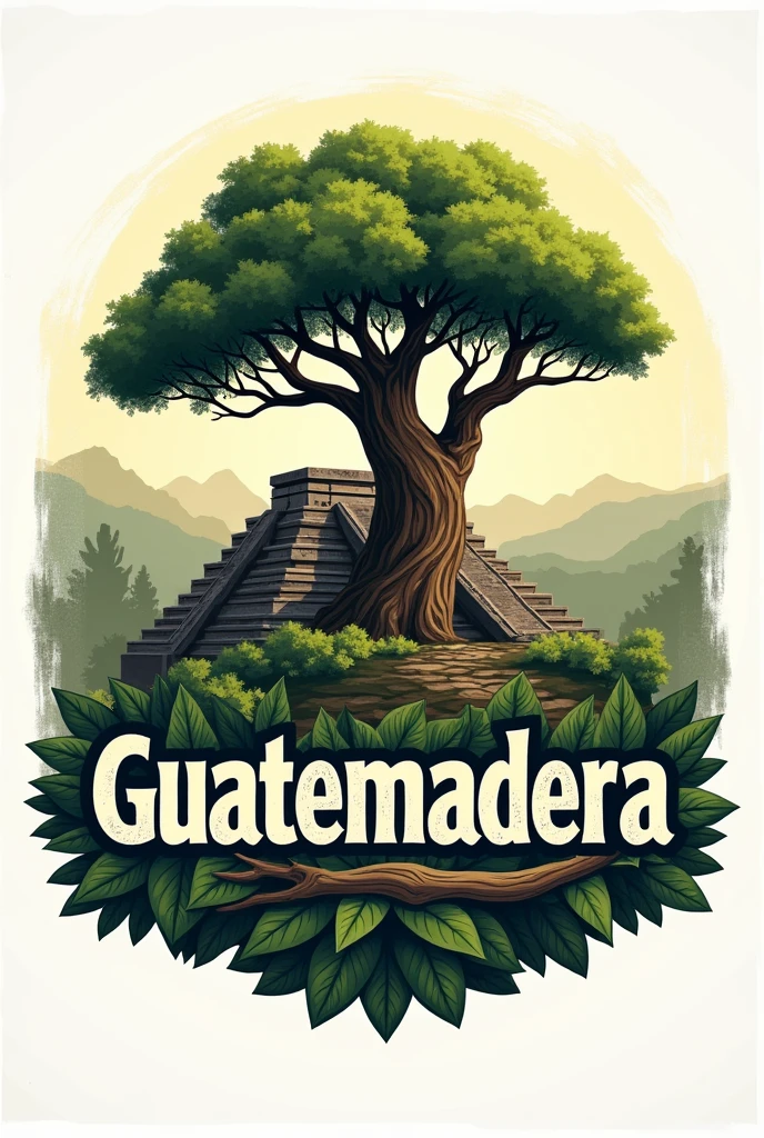 The logo of a company made from a tree and a Mayan ruin in the background and that says Guatemadera