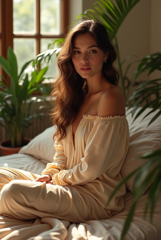 (photorealism:1.2), beautiful woman, sitting on bed, wearing loose off-shoulder top, pajama pants, long curly hair, indoors, soft lighting, plants in background, window with sunlight, cozy room, relaxed pose, realistic, intricate details, warm colors, by Greg Rutkowski, by Alphonse Mucha wearing black loose japanese type skirt and sexual hot thighs