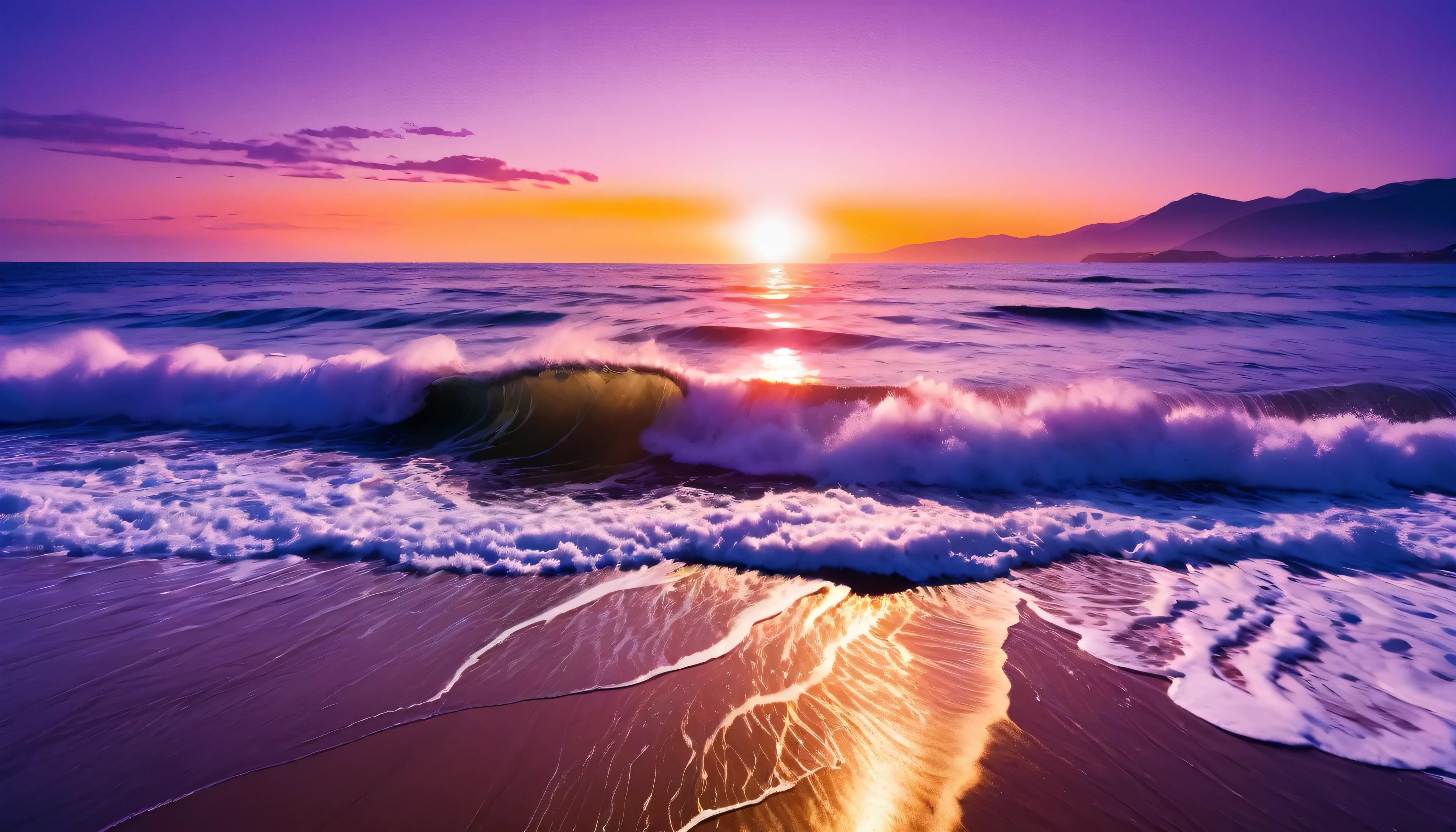 (masterpiece, Highest quality:1.4), Cinematic Light, colorful, High Contrast, neon, null, sunlight, null間, Beach, Wave, unmanned, Vast landscape photography, (a view from below that shows the null above and the sea below use a lot of purple and orange, detailed, Anime style with warm colors and vivid Japan