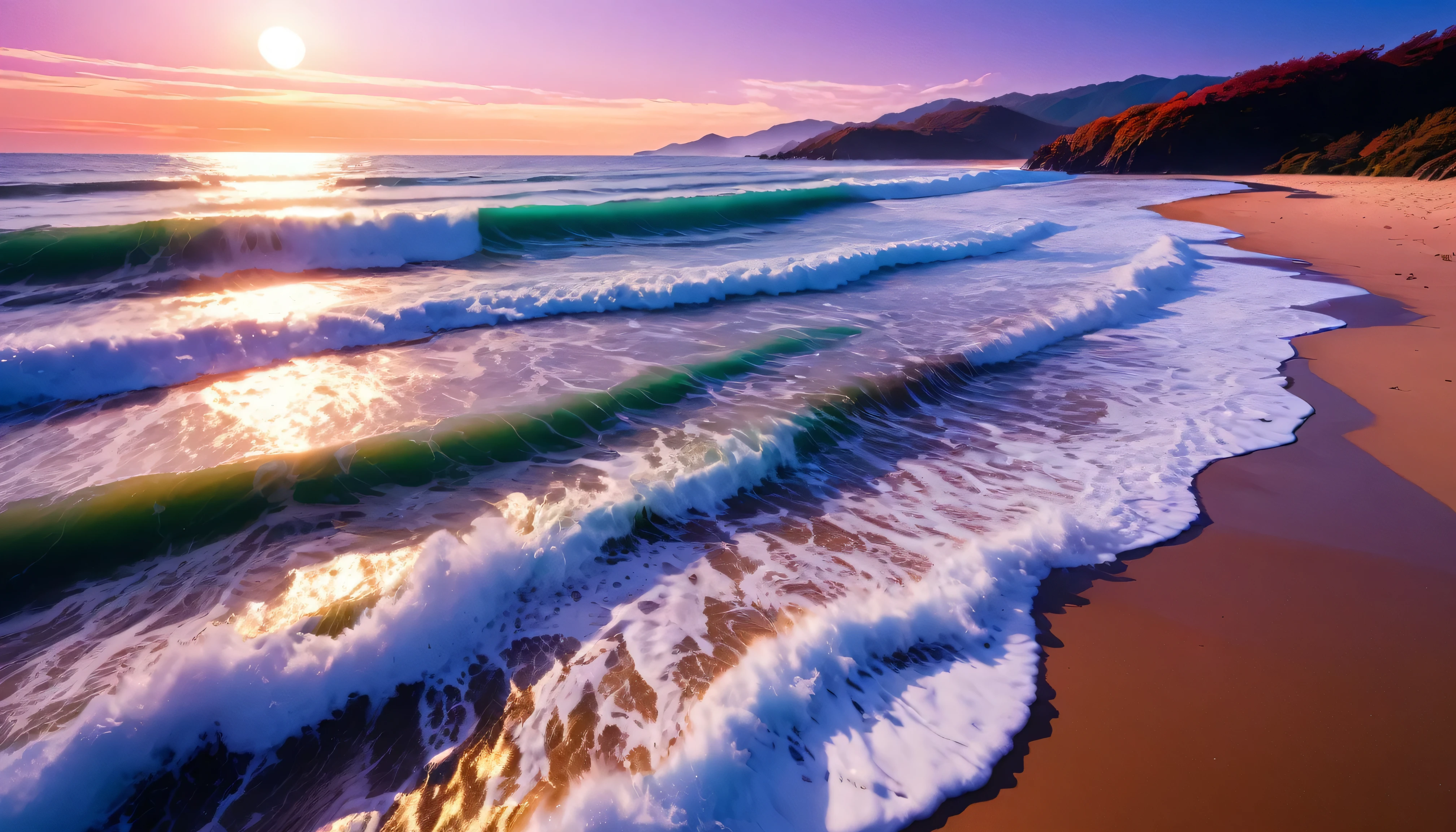 (masterpiece, Highest quality:1.4), Cinematic Light, colorful, High Contrast, neon, null, sunlight, null間, Beach, Wave, unmanned, Vast landscape photography, (a view from below that shows the null above and the sea below use a lot of purple and orange, detailed, Anime style with warm colors and vivid Japan  