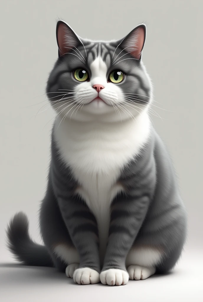 Adult white and gray cat with ears, back and tail lead Do it with more gray With light green eyes, gordo, that is monochromatic Short hair Like this but more realistic Even more realistic Remember not with stripes Not cartoonish With the coat without stripes and short hair Adult cat/old The tail is not striped The coat is not tabby