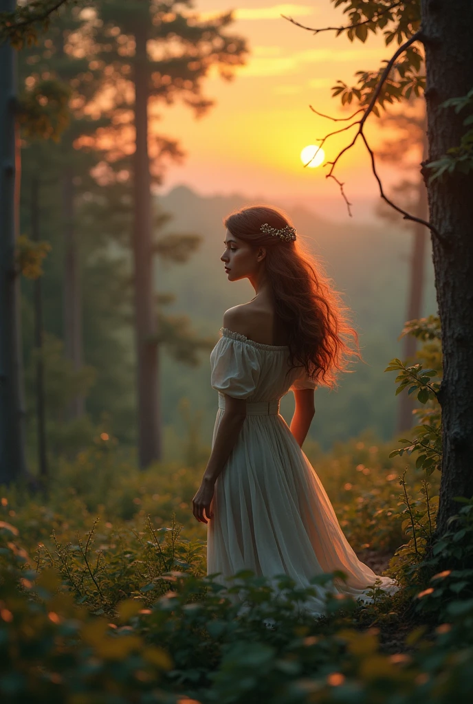 Beautiful mysterious woman with brown hair, Enjoy the sunset in the beautiful forest