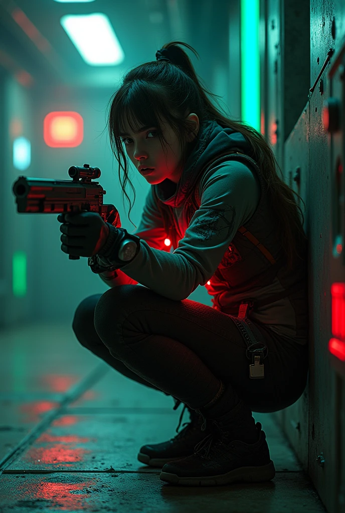 (Granular:0.5), movie,girl, Space, Serious, detailed eyes, detailed face, Detailed futuristic clothing, Lights on clothes, (Aiming the gun:1.1), (hide:1.1), (Squat, Side View:1.1), Volumetric Lighting, isolation, fear, Dark Lights, Red bioluminescence detail, Green bioluminescence detail, Blue bioluminescence detail