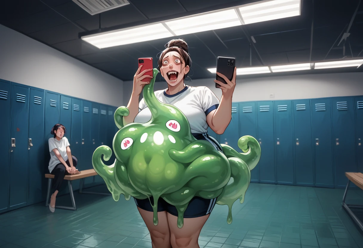 (slime vore) Three gorgeous women (varied height, varied weight, varied race, dressed appropriate to the scene, crazy hairdo, crazy jewelry, tend towards fit and hourglass figure) they are scared and struggling a steamy women's locker room, being caught by tentacles which forcefully restrain their arms and legs while being absorbed by horror monster 'The Blob', damsel in distress, damsel demise. One woman is live streaming about how scared she is while holding her cell phone