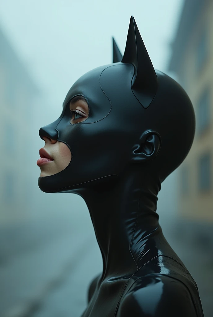 a skintight airtight rubber transparent foggy layer is skintight-airtight-swallowing the face of a catsuited slim european girl who is suffocating