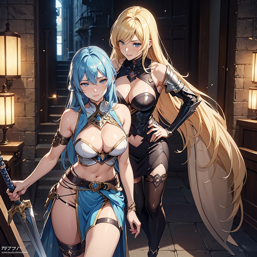 エレガントなMature Woman, beautiful, Two people, Two ,Long Hair,Mature Woman,compensate,eyelash,blush, lipstick, masterpiece, Highest quality, Very detailed, Blonde,Blue Hair,Fantasy , a Anime in armored dress holding a sword
posing for a picture, evil smile, smile, Open your mouth, breastplate with open Cleavage, Cleavage, warrior outfit,  anime style, Anime,  style, (Browsing Caution) Not safe at work, , Digital anime art!!, Anime Style, Official artwork, Visual Novel CG, beautiful anime girl, Anime Style 4k , Loincloth, Exposed abdomen, Exposed navel, Exposed abdomen, Exposed underbelly, Pencil Skirt Armor, city,inside city