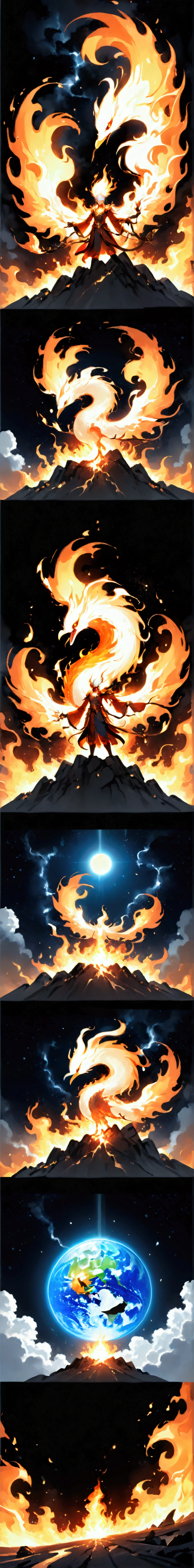 solo,The mythology bird Phoenix also known as the Fenghuang is a divine figure bird with a body made of beautiful flames, the whole area is in great flames and raining fire, burning everything down and starting all over again, the ruler of reincarnation and eternity, behind it a pitch-black space will be left and everything will burn up, a dazzling light will remain and a new life will begin,(dynamic angle:1.5),from below,long shot, you can see the planet\(Earth\) burning