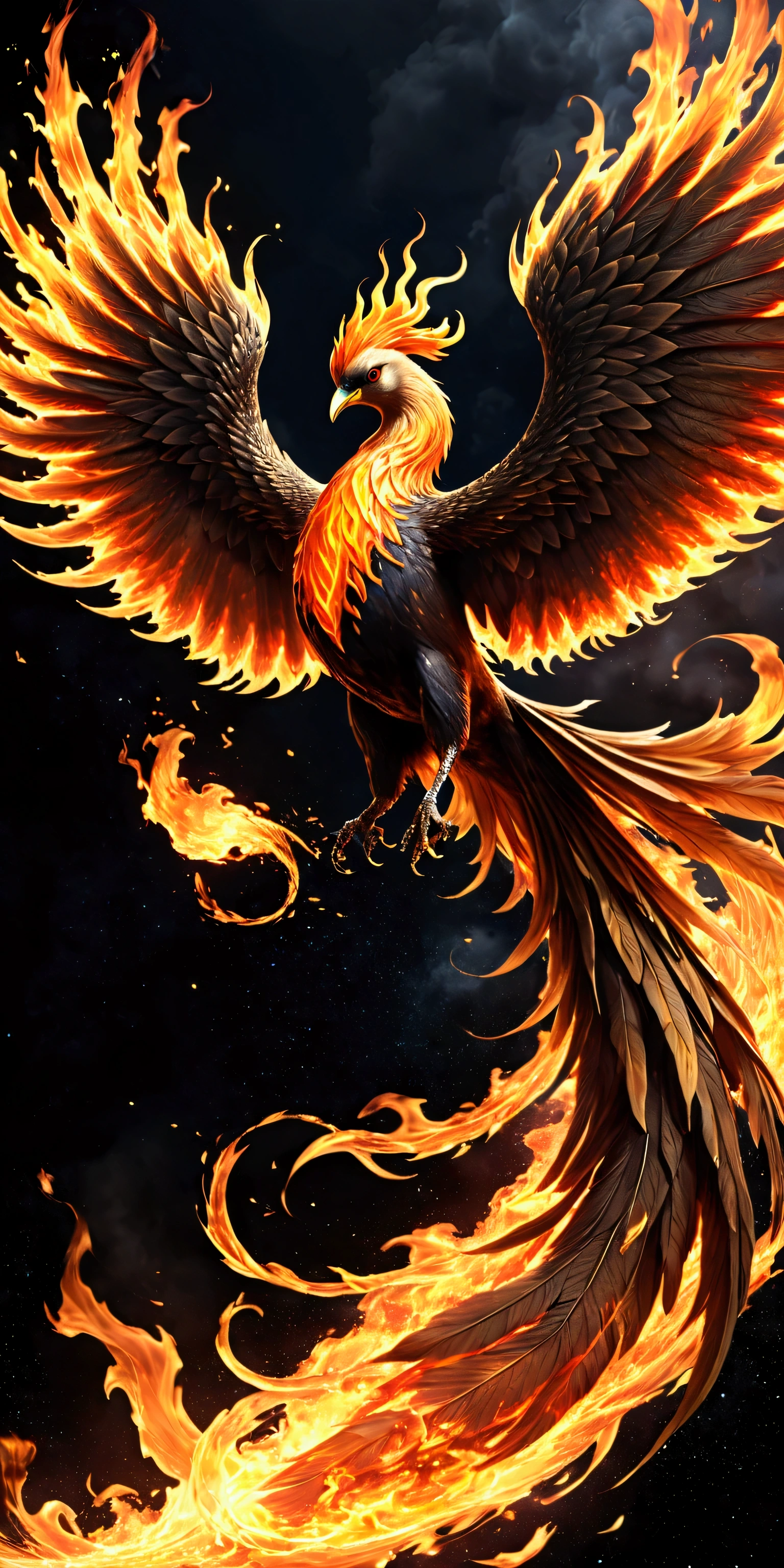 solo,The mythology bird Phoenix also known as the Fenghuang is a divine figure bird with a body made of beautiful flames, the whole area is in great flames and raining fire, burning everything down and starting all over again, the ruler of reincarnation and eternity, behind it a pitch-black space will be left and everything will burn up, a dazzling light will remain and a new life will begin,(dynamic angle:1.5),from below,long shot, you can see the planet\(Earth\) burning